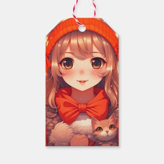 Étiquettes-cadeau Fille Anime avec Noël de Chat Orange (Devant)