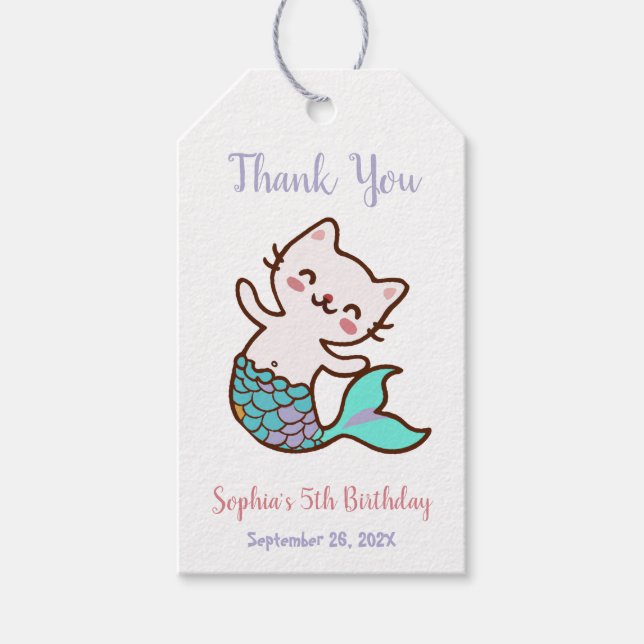 Étiquettes-cadeau Fille Anniversaire Chat Sirène Sous la Mer Merci (Devant)