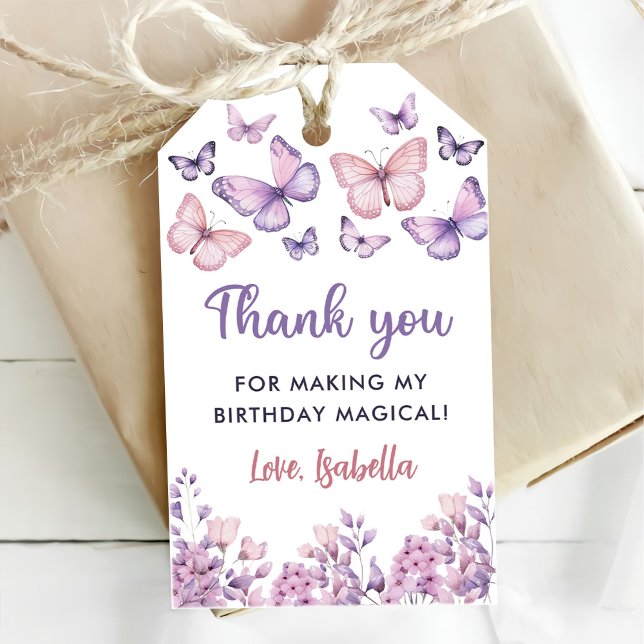 Étiquettes-cadeau Fille anniversaire papillon floral rose violet  (Créateur téléchargé)