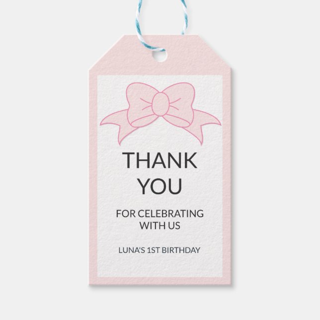 Étiquettes-cadeau Fille au Nœud Rose 1er Anniversaire (Devant)
