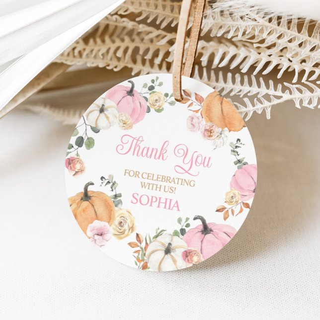Étiquettes Cadeau Fille Automne Citrouille Premier Anniversaire Fête (Girl Fall Pumpkin One First Birthday Party Round Favor Tags)