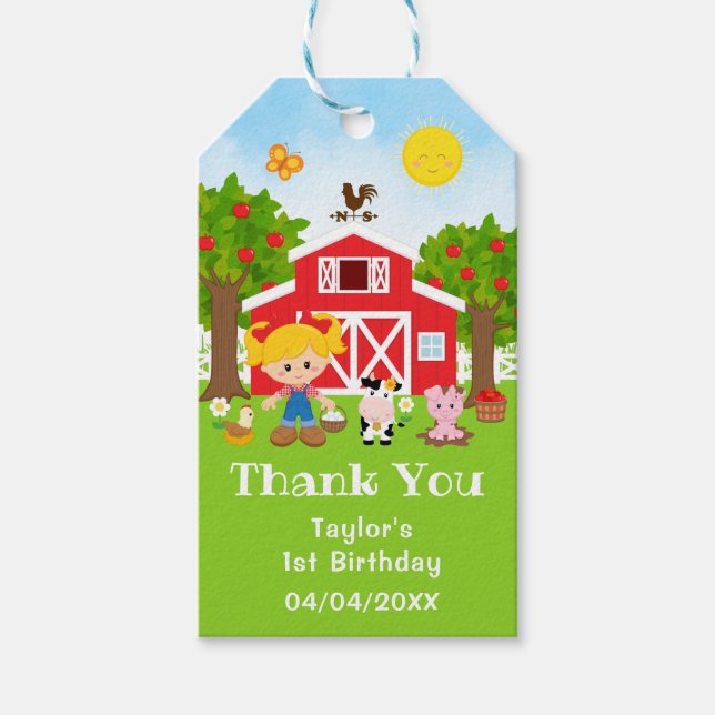 Étiquettes-cadeau Fille aux cheveux blonds pour anniversaire rouge d (Devant)