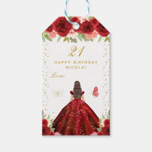 Étiquettes-cadeau Fille aux cheveux bruns avec fleurs rouges Joyeux 