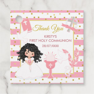 Étiquettes Cadeau Fille aux cheveux noirs avec rayure rose Première