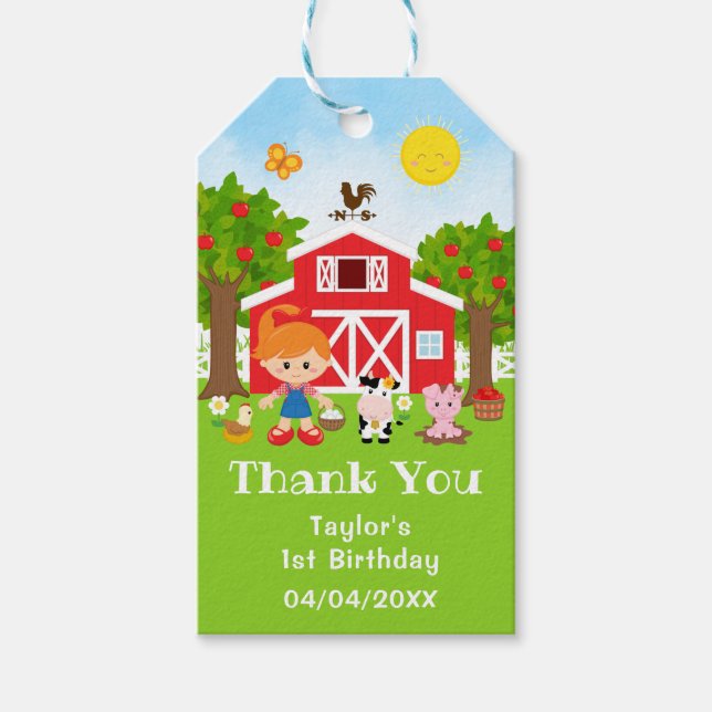 Étiquettes-cadeau Fille aux cheveux roux anniversaire rouge Merci (Devant)