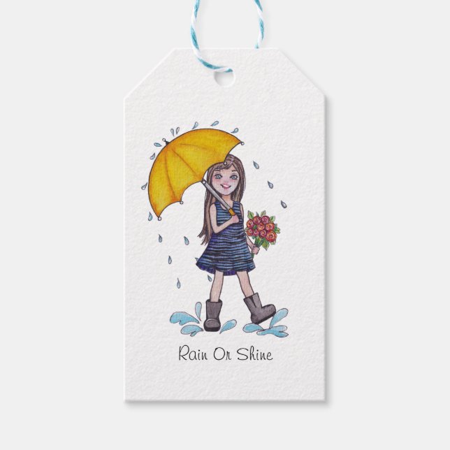 Étiquettes-cadeau Fille Avec Parapluie Jaune En Aquarelle (Devant)