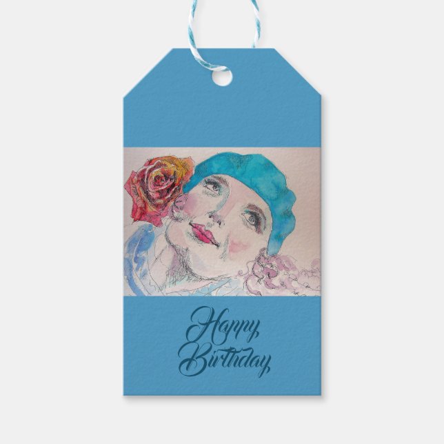 Étiquettes-cadeau Fille avec Rose Rouge Beret Soyez Vrai À Vous Bali (Devant)