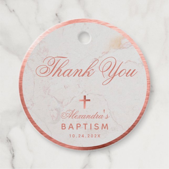 Étiquettes Cadeau Fille Baptême Élégant Rose en marbre or Merci Fa (Devant)