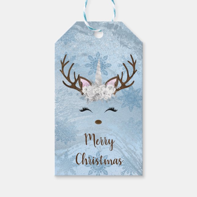 Étiquettes-cadeau Fille bébé bleu marbre licorne rennes flocons de n (Devant)