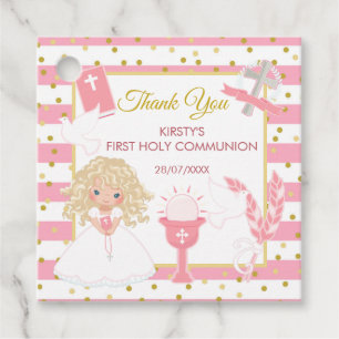 Étiquettes Cadeau Fille blonde à rayure rose Première communion