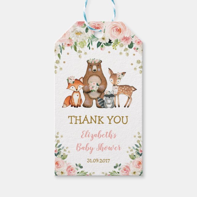 Étiquettes-cadeau Fille Bois Animaux Baby shower rose Floral (Devant)