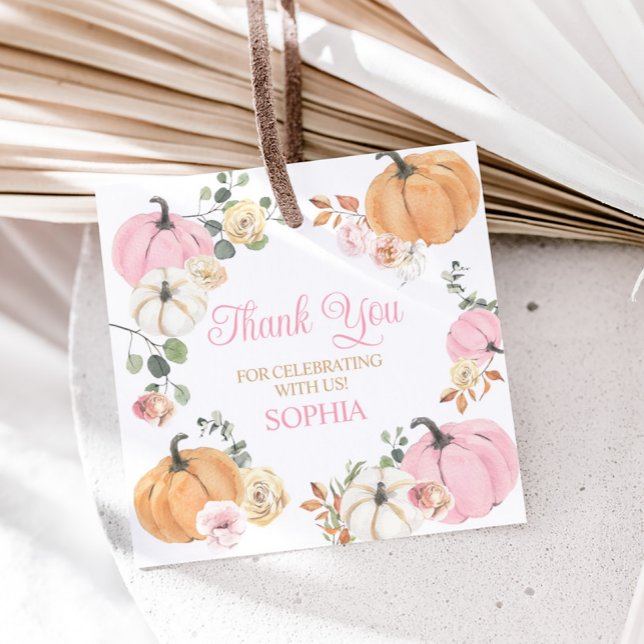 Étiquettes Cadeau Fille Citrouille d'automne Premier Carré de fête d (Girl Fall Pumpkin One First Birthday Party Square Favor Tags)