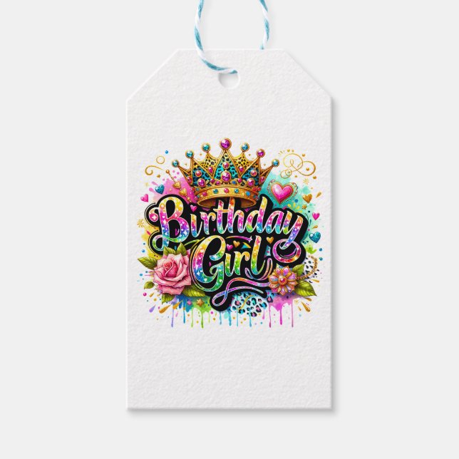 Étiquettes-cadeau Fille d'anniversaire royale colorée (Devant)