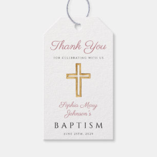 Étiquettes-cadeau Fille de croix religieuse rayures roses baptême