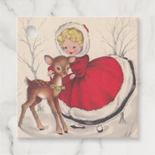 Étiquettes Cadeau Fille de Noël Vintage avec bébé cerf-volant