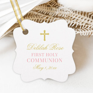 Étiquettes Cadeau Fille de première communion rose et or élégante