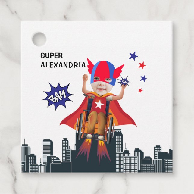 Étiquettes Cadeau Fille en fauteuil roulant Superhero Flying Hero An (Devant)