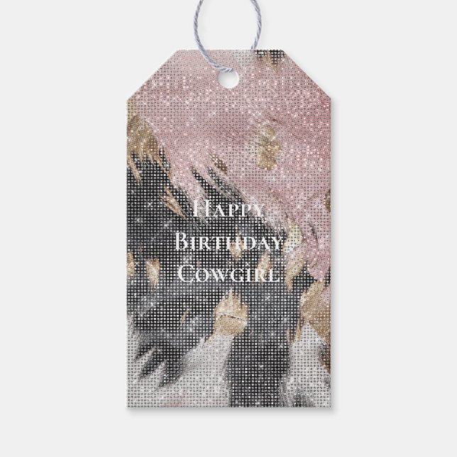 Étiquettes-cadeau Fille étincelante rose Noir Or Cowgirl Cowhide (Devant)