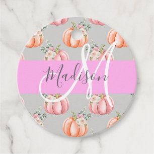 Étiquettes Cadeau Fille Floral Gris rose Pêche Citrouille Nom