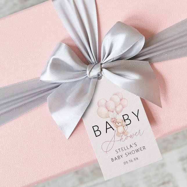 Étiquettes-cadeau Fille Ours en peluche Ballons Baby Shower (Girl Teddy Bear Balloons Baby Shower Gift Tags)
