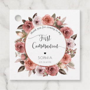 Étiquettes Cadeau Fille Premier Rose Communion Or, Flore Blush