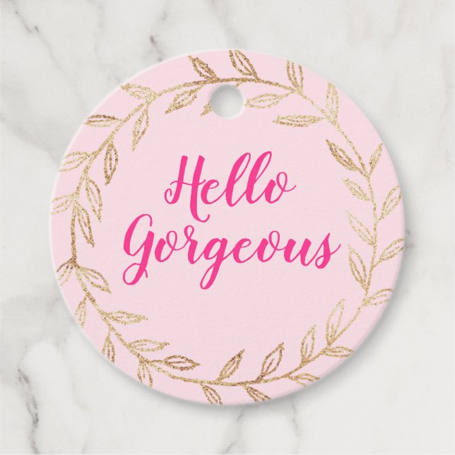 Étiquettes Cadeau Fille Pretty Blush Rose Hello Gorgeous Gold Wreath (Devant)
