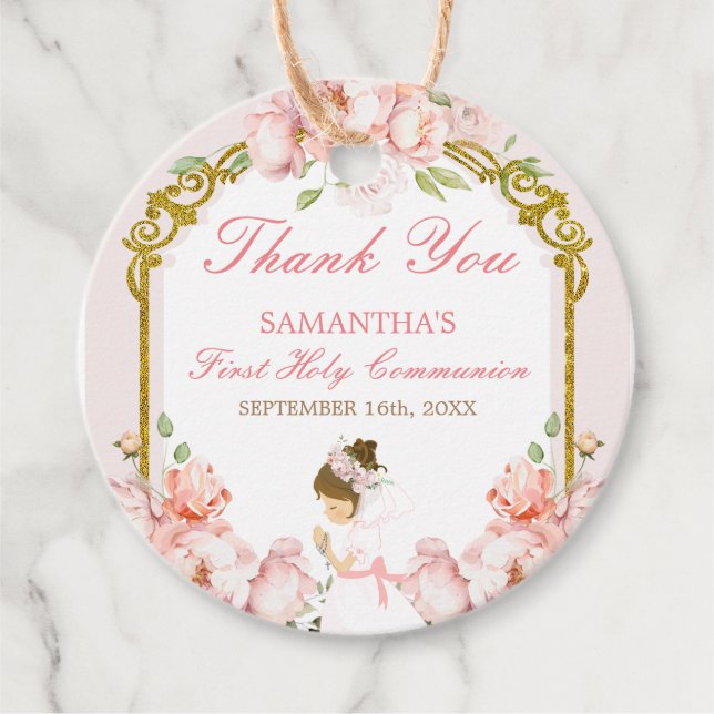 Étiquettes Cadeau Fille priant l'or première sainte communion Merci (Devant)