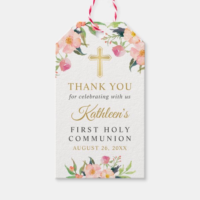 Étiquettes-cadeau Fille rose florale Premier Merci de communion (Devant)