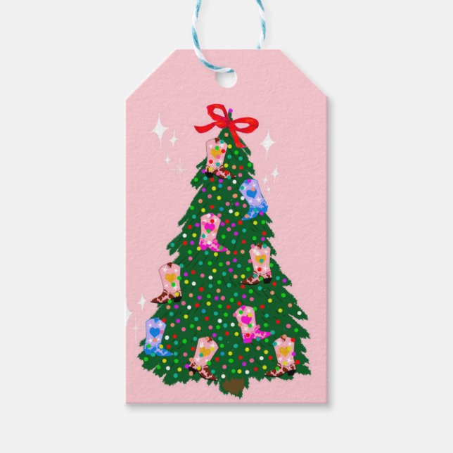 Étiquettes-cadeau Fille rose moderne Botte occidentale Noël (Devant)