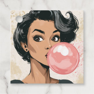 Étiquettes Cadeau Fille soufflant une bulle de bubble gum rose amusa