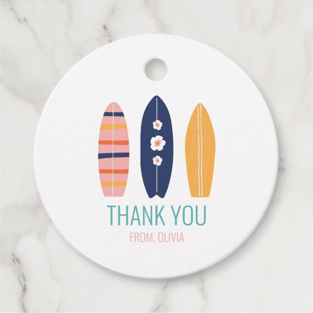 Étiquettes Cadeau Fille Surfboard Beach anniversaire Merci Favor (Devant)