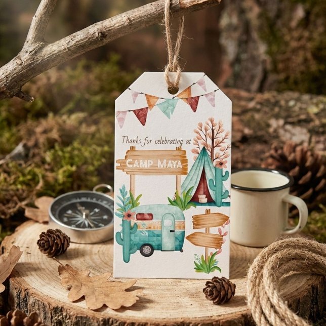 Étiquettes-cadeau Filles boho camping nuitée anniversaire (Créateur téléchargé)