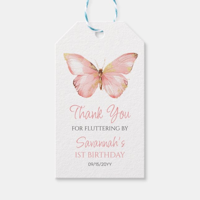 Étiquettes-cadeau Filles mignonne Papillon rose pâle 1er anniversair (Devant)