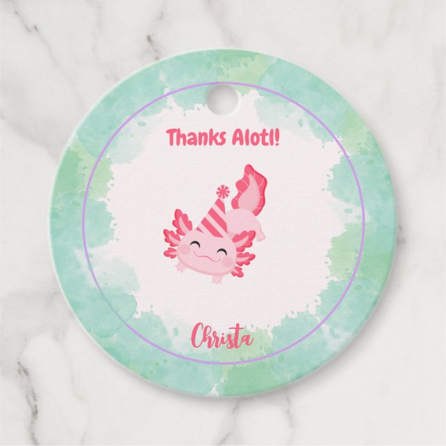 Étiquettes Cadeau Filles mignonnes rose et vert Axolotl 1er annivers (Devant)