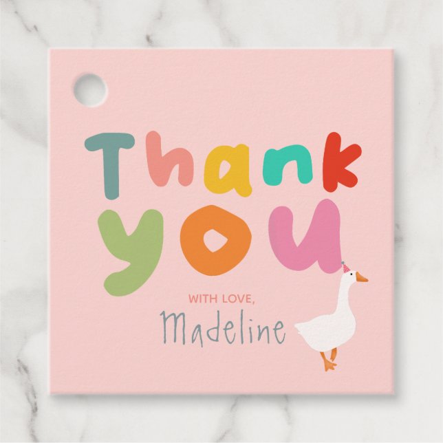 Étiquettes Cadeau Filles Oie rose Merci 1er anniversaire (Devant)