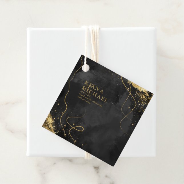 Étiquettes Cadeau Fine Lines Gold Abstrait Mariage V1 Black ID867 (En situation)