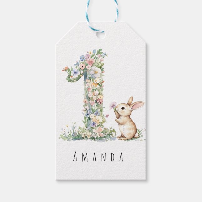 Étiquettes-cadeau First Birthday Floral Bunny (Devant)
