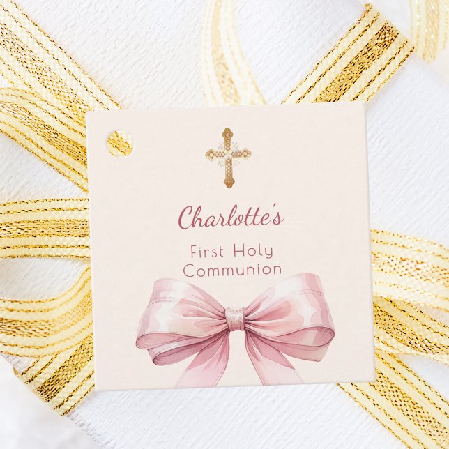Étiquettes Cadeau First Communion blush pink bow ivory cross DIY (Créateur téléchargé)