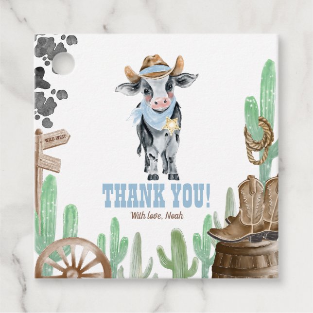 Étiquettes Cadeau First Rodeo 1st Birthday Baby Cow Thank You (Devant)