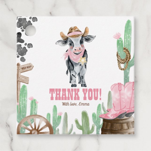 Étiquettes Cadeau First Rodeo 1st Birthday Baby Cow Thank You (Devant)