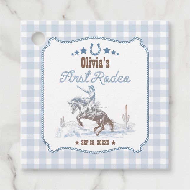 Étiquettes Cadeau First Rodeo 1st Birthday Blue Western (Devant)
