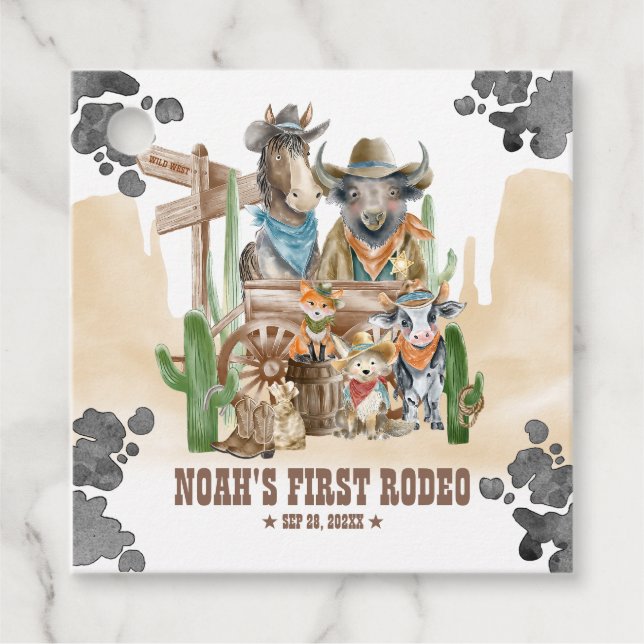 Étiquettes Cadeau First Rodeo 1st Birthday Cute Animals Wild West (Devant)