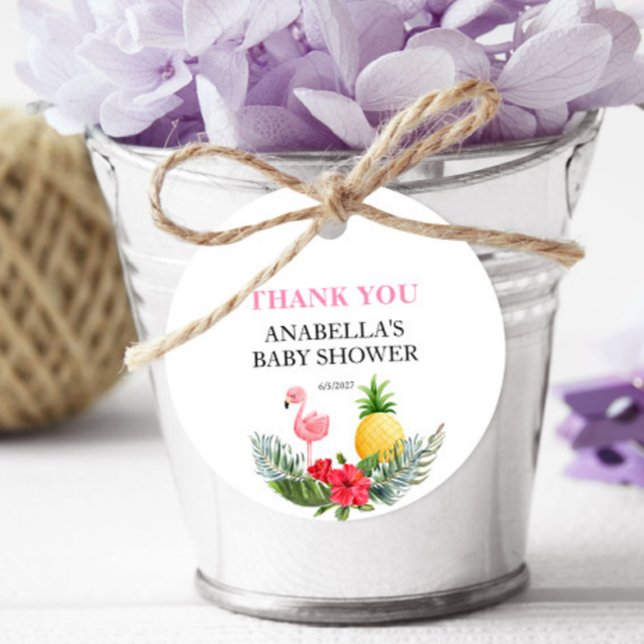 Étiquettes Cadeau Flamant rose Baby shower rose tropicale (Créateur téléchargé)