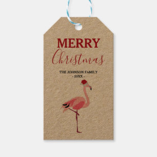 Étiquettes-cadeau Flamant Rose de Noël avec Chapeau de Père Noël