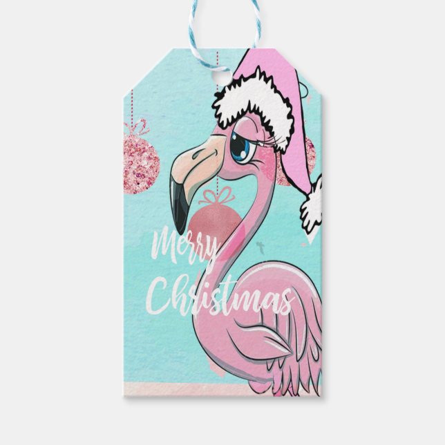 Étiquettes-cadeau Flamant rose de Noël mignon fille rose bleue (Devant)