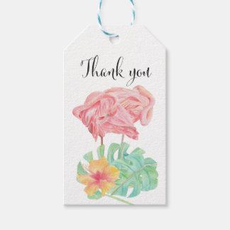 Étiquettes-cadeau Flamant Rose Élégant, Feuilles et fleur tropicales