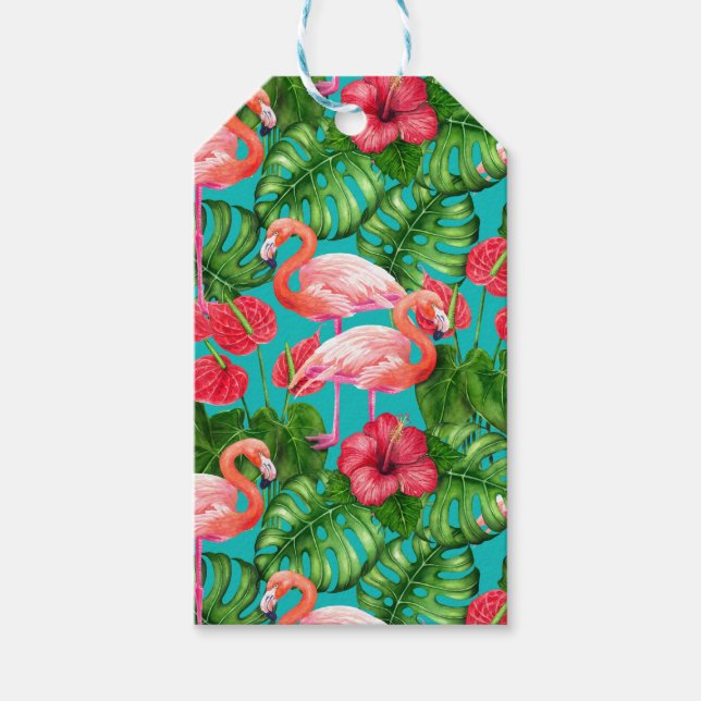 Étiquettes-cadeau Flamant rose et aquarelle du jardin tropical (Devant)