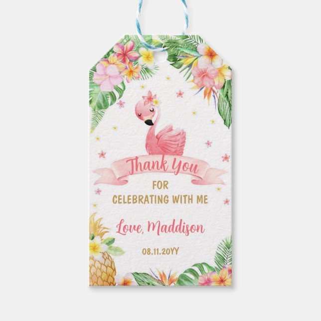 Étiquettes-cadeau Flamant rose Pneapple Tropical Anniversaire Merci (Devant)