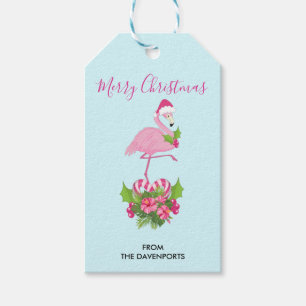 Étiquettes-cadeau Flamant rose rose à Noël Whimsical à Santa Hat