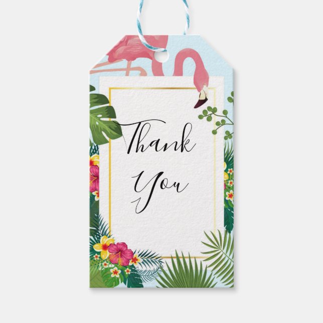 Étiquettes-cadeau Flamant rose rose élégant et Merci Feuille tropica (Devant)